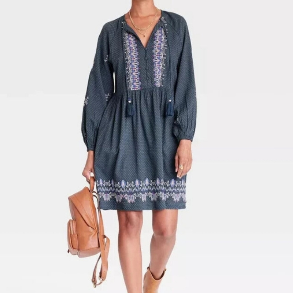 Knox Rose Blue Boho Embroidered Dress Size Small